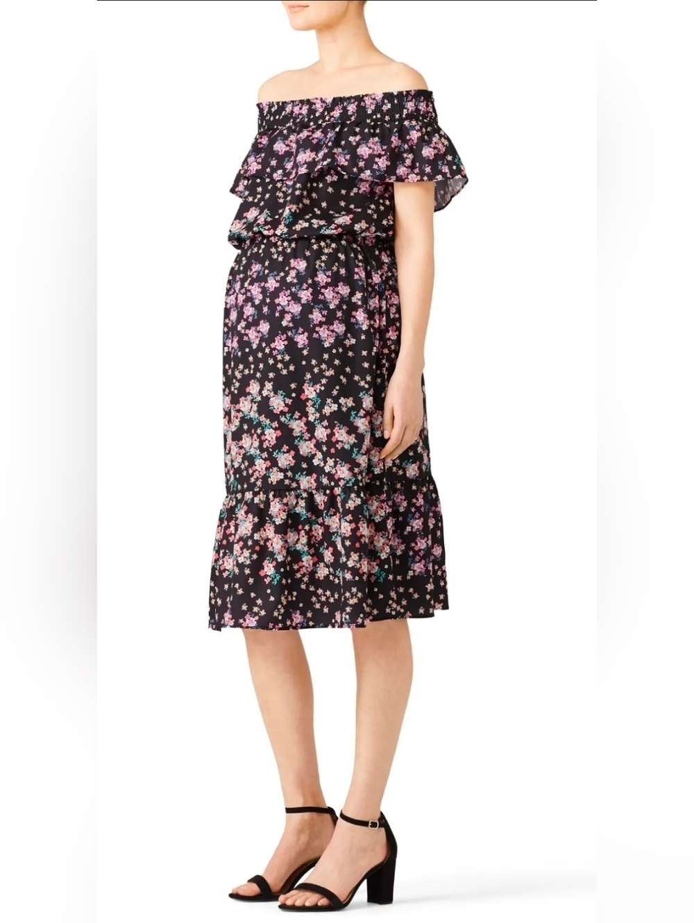 RTR Rosie Pop Off-Shoulder Black Floral Midi Maternity Dress Size Small
